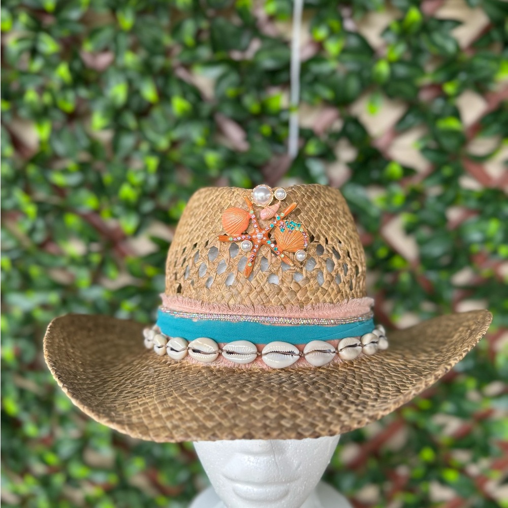 Stylish Tan Straw Hat with Shell Accents